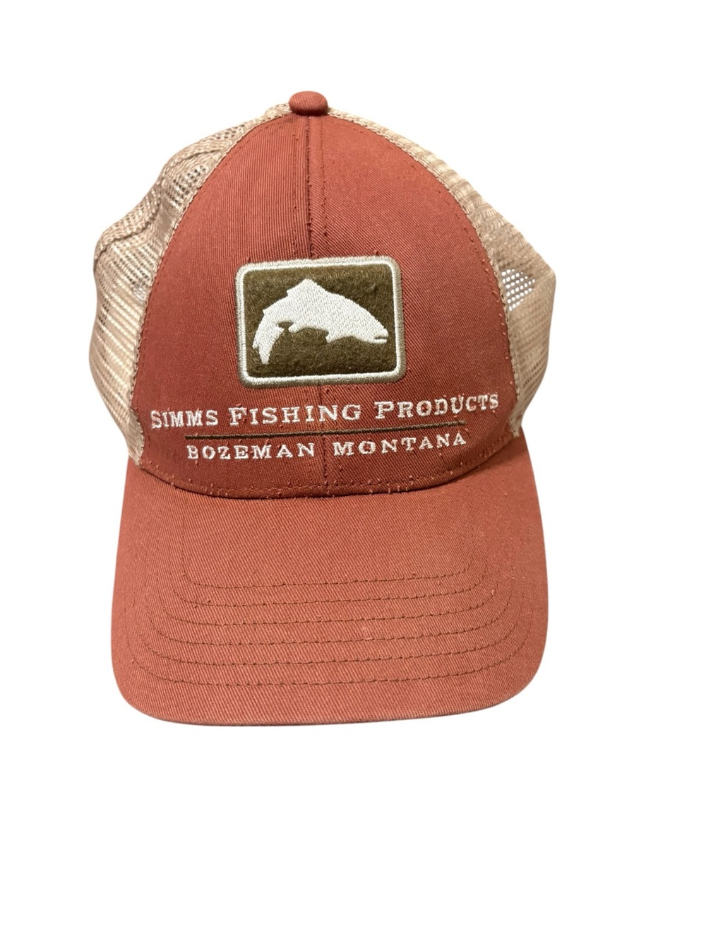 Simms Rust Orange and Tan Mesh Fishing Trucker Hat